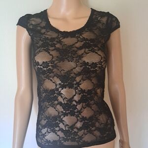 Vintage 80's/ 90's Love Notes Black Lace and Mesh Short Cap Sleeved Top xs/sm